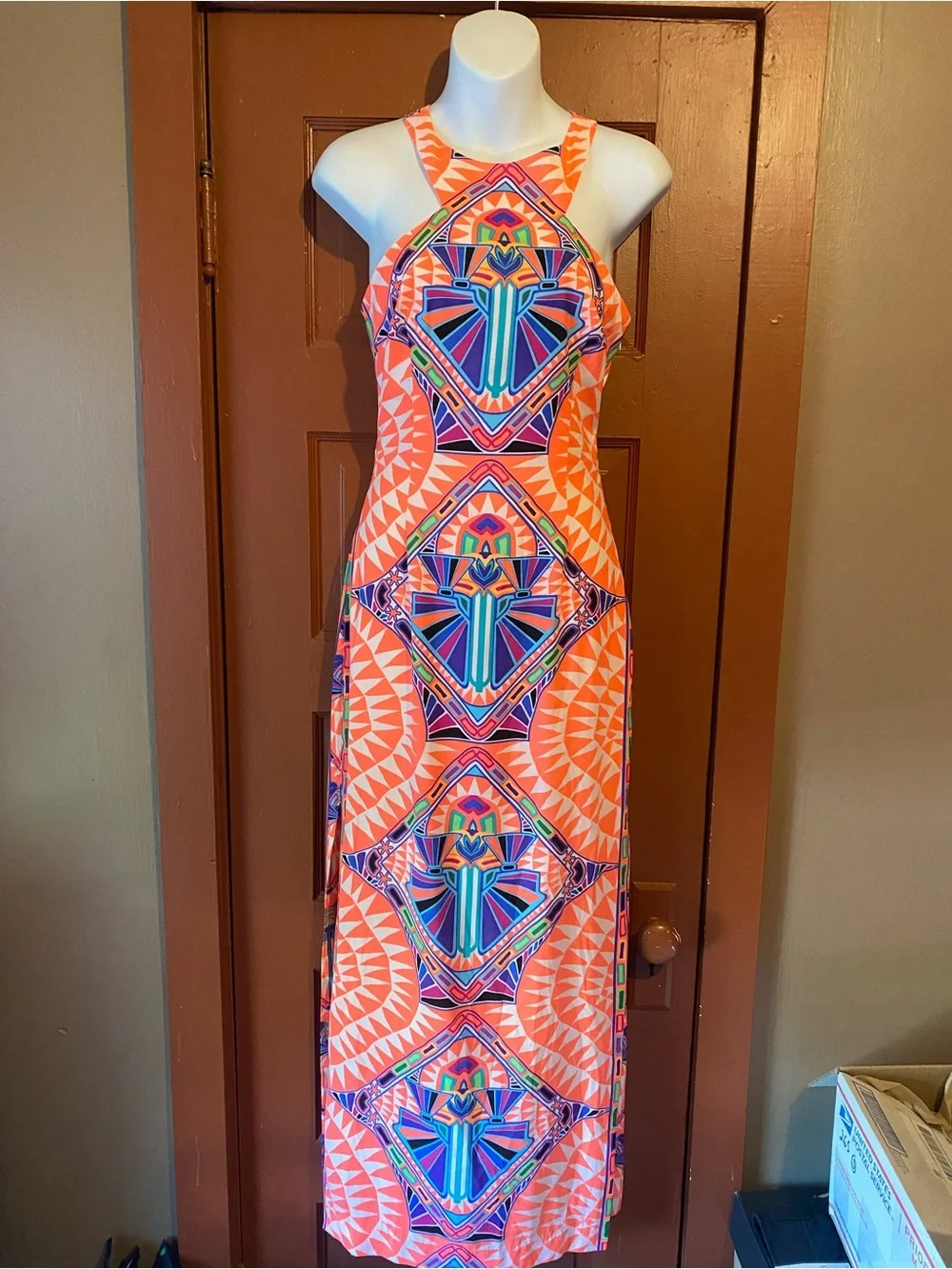 Mara Hoffman Coral and Blue Geometric Halter Maxi Dress